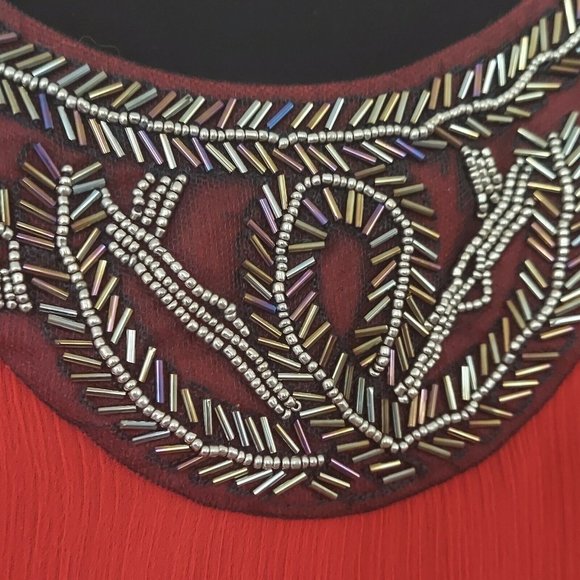 Womens Small Blouse Beaded Red Asymmetric Tiered Tunic Top Sheer Fancy - Picture 4 of 9